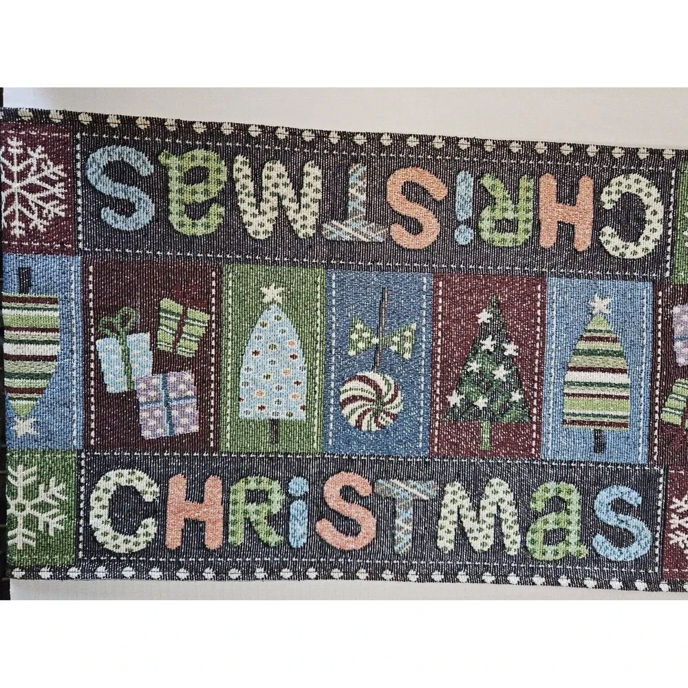 Merry Christmas Table Runner Tapestry Holiday Trees Gifts Snowflakes 68